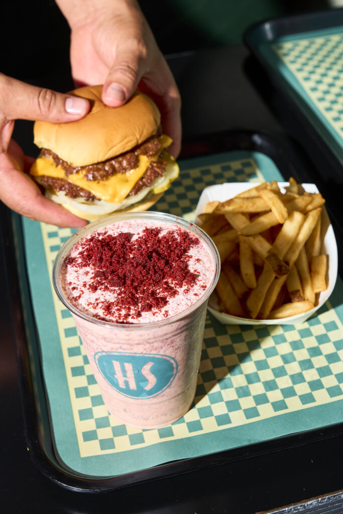 burger, fries and a red velvet shake